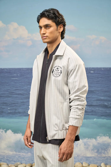 Grey poly viscose lycra jacket for men showing smooth stretch fabric texture