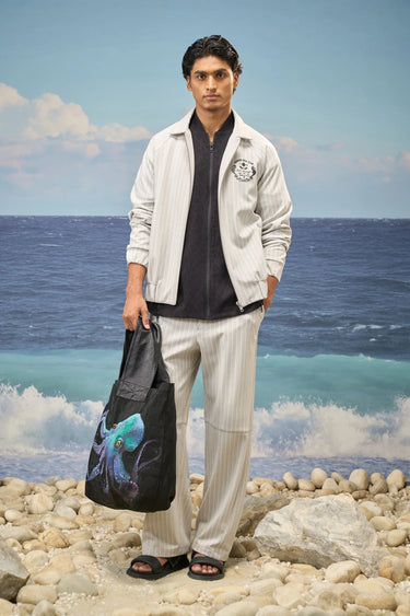 Grey poly viscose lycra bomber jacket for men with printed design