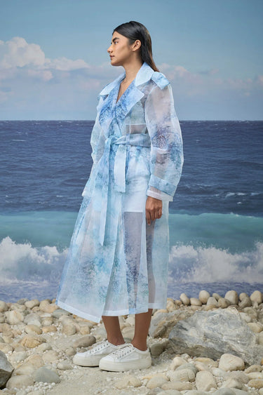 Multicolour Premium Poly Organza Abstract Print Trench Coat