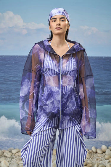 Navy poly organza oversized hoodie for women with abstract print design