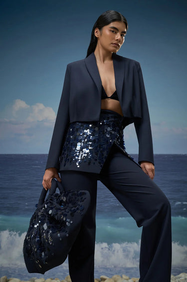 Navy poly viscose skirt for women showing smooth breathable fabric texture