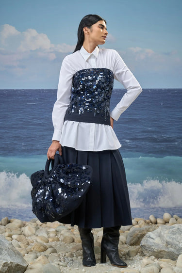 Navy poly viscose tube top for women with embroidered detailing