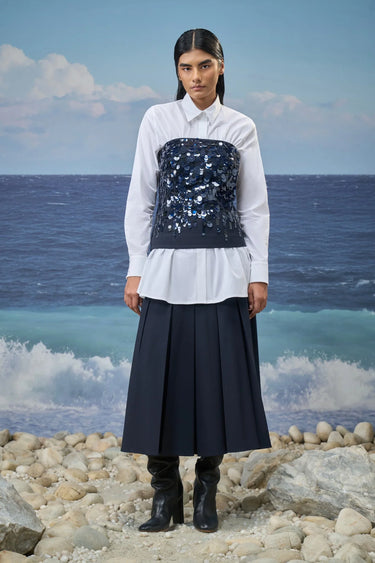 Navy tube top for women with slim fit and structured silhouette