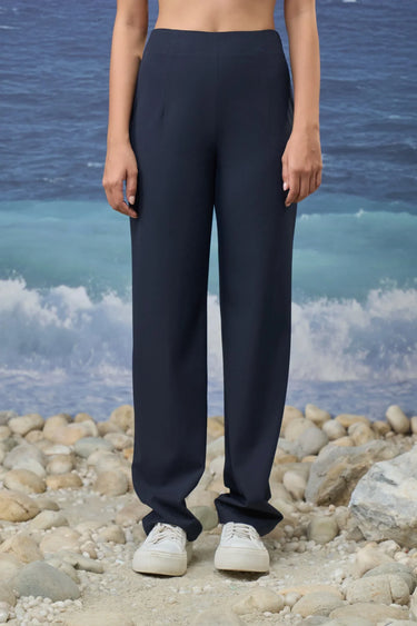 Navy poly viscose trousers for women with straight-leg design