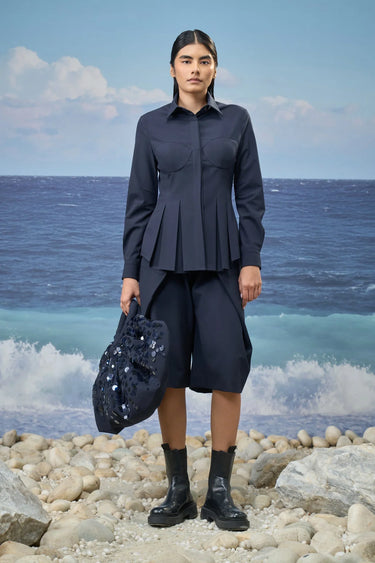 Navy poly wool relaxed shirt for women with pleated detailing