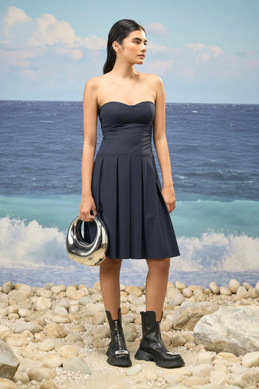 Navy poly wool pleated dress for women with sweetheart neckline