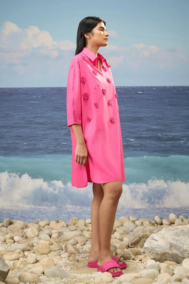 Barbie pink cotton poplin dress for women showing breathable fabric texture