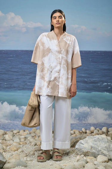 Women oversized abstract print shirt in viscose nylon by Genes Lecoanet Hemant India