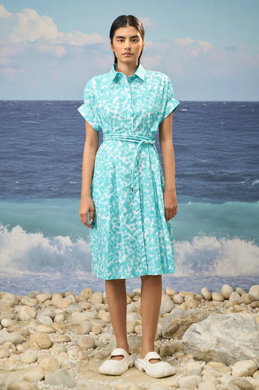 Persian Green Relaxed Dress in Premium Cotton Poplin with Floral Print