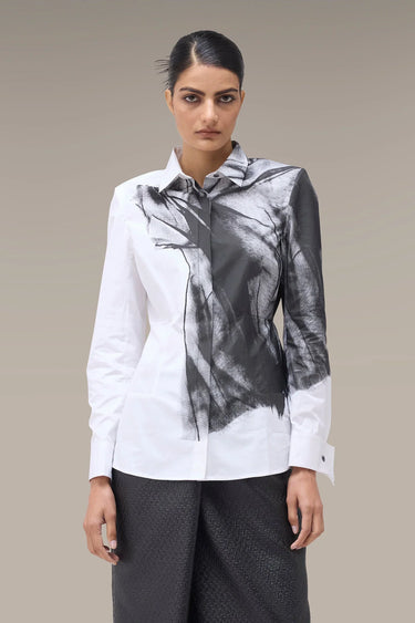Women's Premium Abstract Ink Print White Shirt - Giza Cotton Poplin