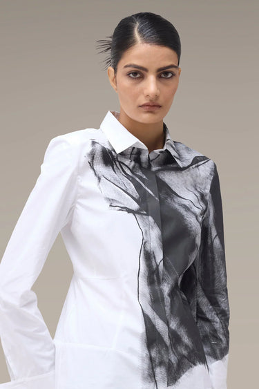 Women's Premium Abstract Ink Print White Shirt - Giza Cotton Poplin