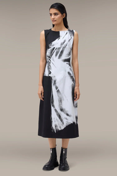 Women's Premium Abstract Print Sleeveless Midi Dress - Tencel Twill - Black