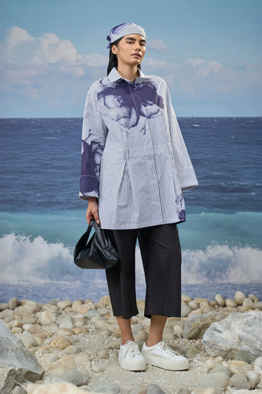 Premium cotton pinstripe oversized shirt for women with abstract graphic print