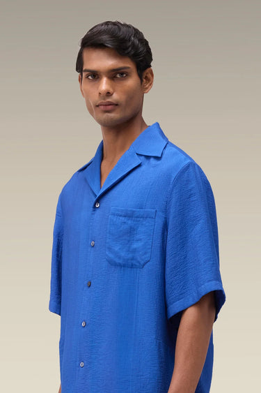Premium Egyptian Blue Viscose Nylon Camp Collar Shirt