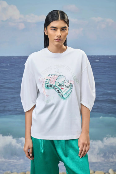 Printed Oversized Top in Premium Cotton Single Jersey - White