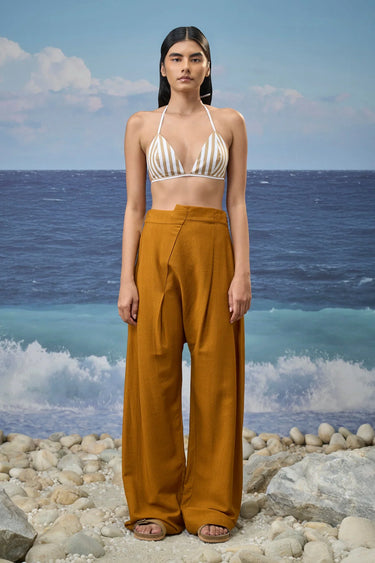 Caramel viscose nylon trousers for women with relaxed tailored design