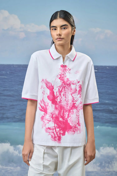 Relaxed Polo Top in Premium Cotton Poplin with Graphic Print
