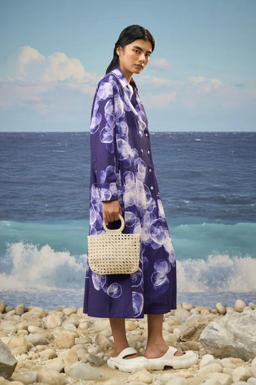 Premium cotton poplin shirt dress for women with abstract cloud print