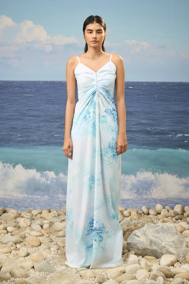 Sleeveless Dress in Premium Cotton Poplin with Watercolour Print