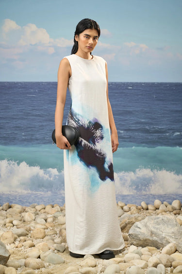 Premium viscose nylon sleeveless straight dress for women with abstract watercolor print