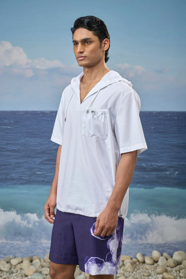 White Premium Cotton Dobby Oversized Short-Sleeve Hoodie