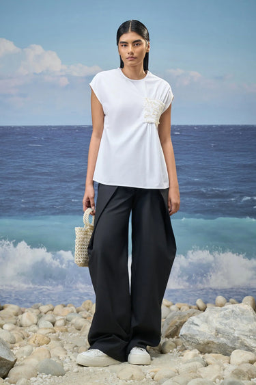 White Giza cotton sleeveless top for women with minimal design