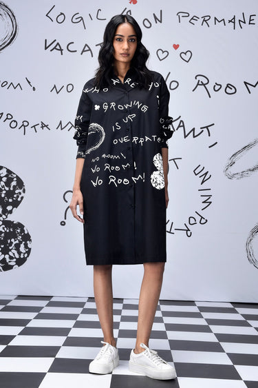 Scribble Text Relax Fit Shirt Dress- Black