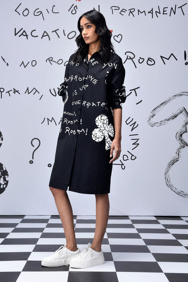 Scribble Text Relax Fit Shirt Dress- Black