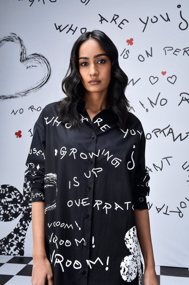 Scribble Text Relax Fit Shirt Dress- Black
