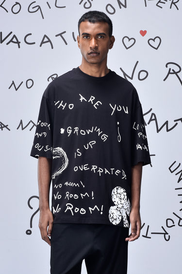 Black Cotton Single Jersey T-Shirt with Hand-Drawn Graphic Text