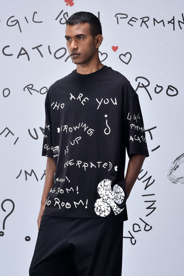 Black Cotton Single Jersey T-Shirt with Hand-Drawn Graphic Text