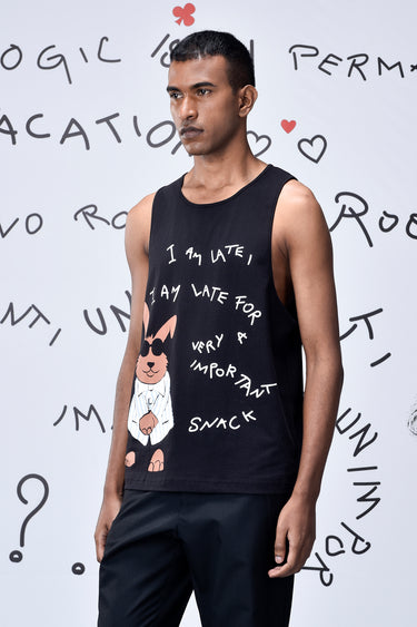 Black Cotton Single Jersey Vest with Bunny Graphic Print
