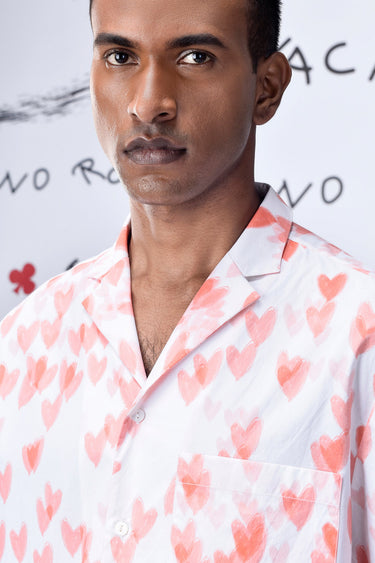 Cuban Collar Heart Relax Fit Shirt- Coral Peach