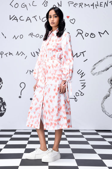 Heart Print Relax Fit Dress- Coral Peach