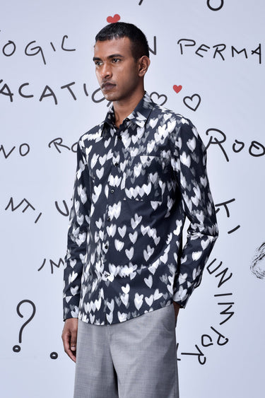 Button Up Heart Regular Fit Shirt- Black