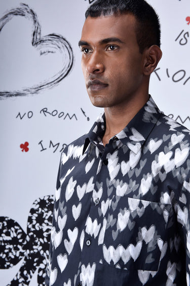 Button Up Heart Regular Fit Shirt- Black