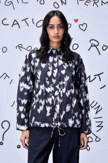 Heart Print Oversized Shirt - Black