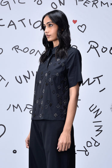 Card Beard Embroidery Regular Fit Top - Black