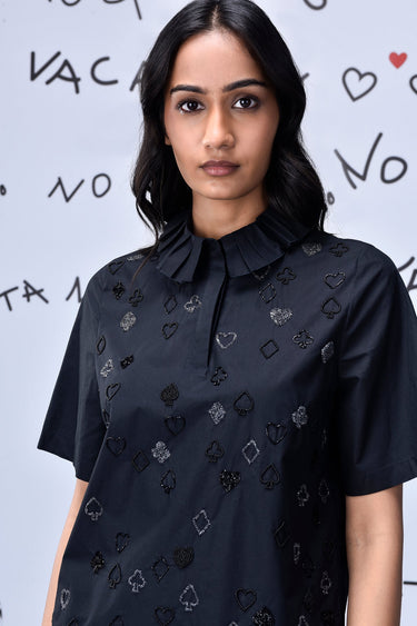 Card Beard Embroidery Regular Fit Top - Black