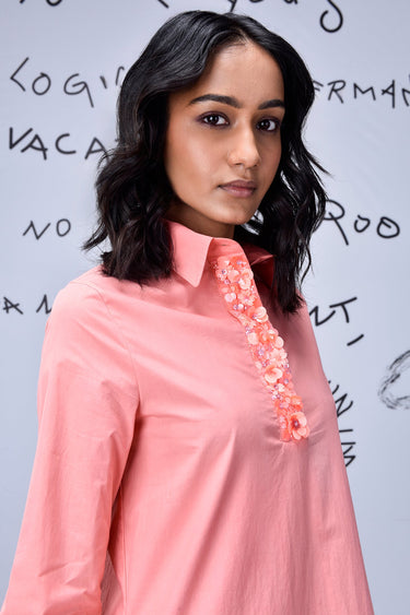 Sequin Placket Relax Fit Dress- Coral Peach
