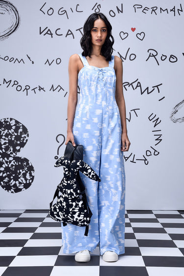 Ikkat Check Relaxed Fit Dungaree- Light Blue