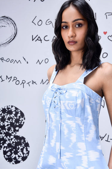 Ikkat Check Relaxed Fit Dungaree- Light Blue