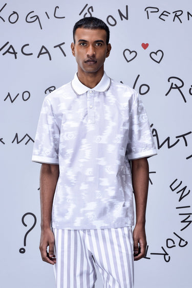 Ikkat Print Polo- Pearl Grey