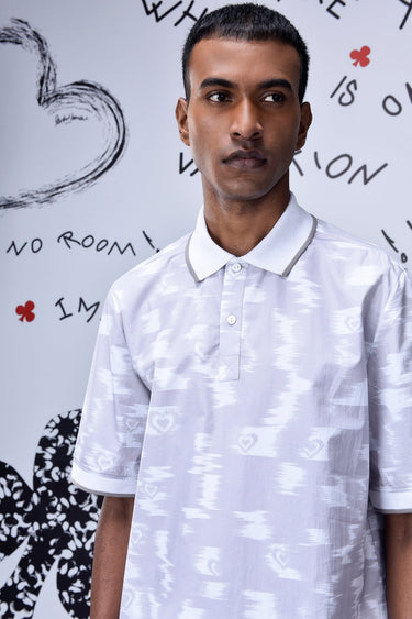 Ikkat Print Polo- Pearl Grey