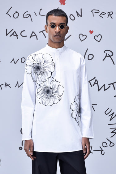 White Giza Cotton Poplin Kurta with Floral Line Art