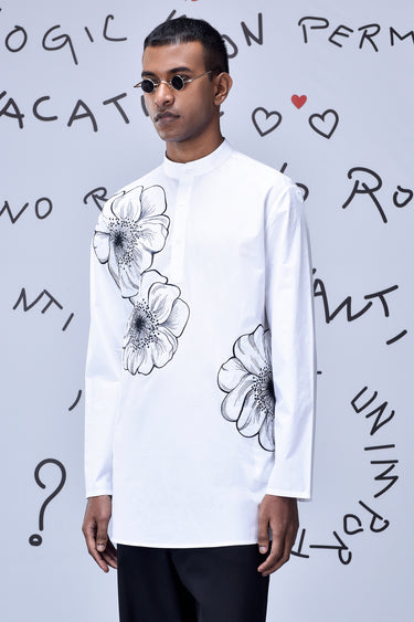 White Giza Cotton Poplin Kurta with Floral Line Art