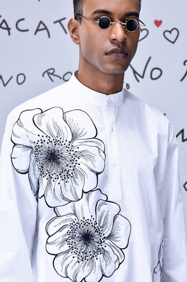 White Giza Cotton Poplin Kurta with Floral Line Art