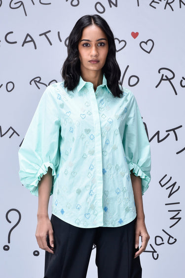 Bead  Embroidery Regular Fit Top - Nile Green
