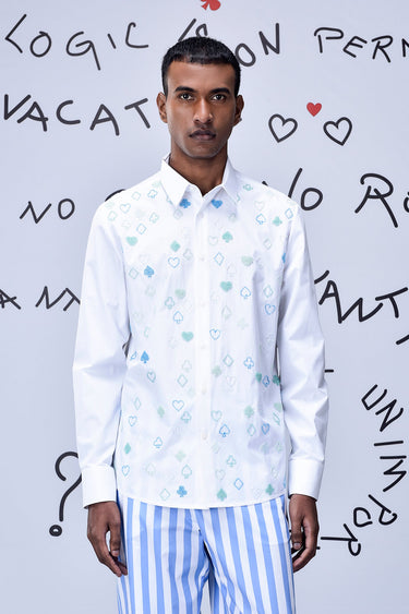 Card Beard Embroidery Regular Fit Shirt - White