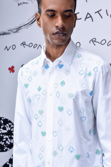 Card Beard Embroidery Regular Fit Shirt - White